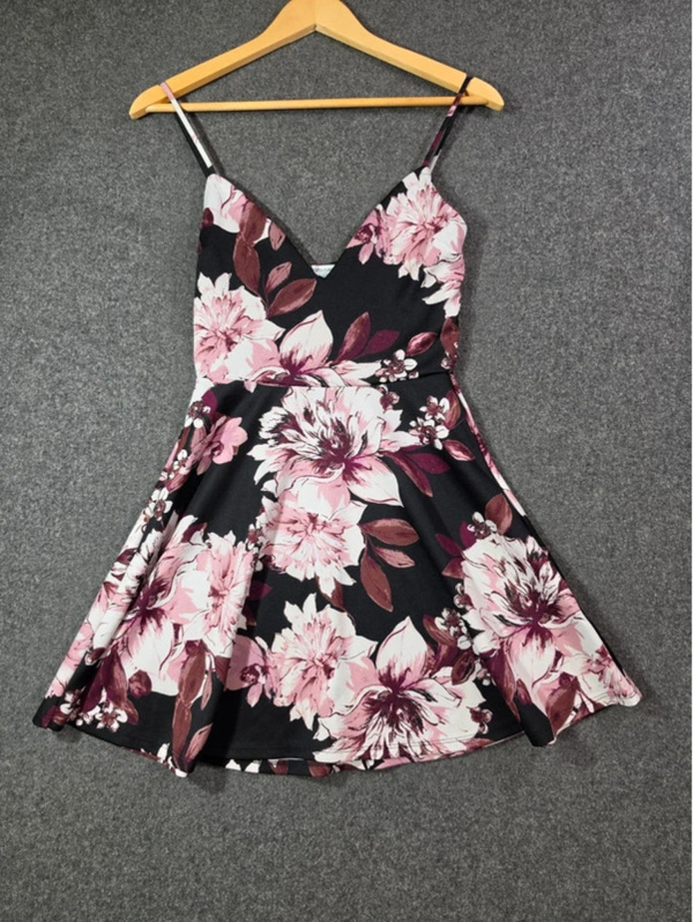 Charlotte Russe Black Floral V-Neck Spaghetti Strap Skater Dress